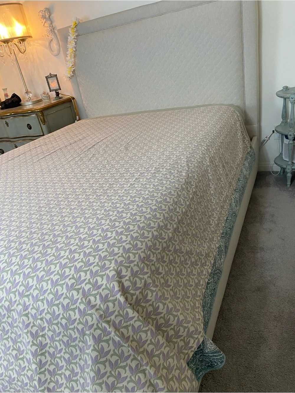 Vintage Springmaid floral leaf green and lavender full flat sheet